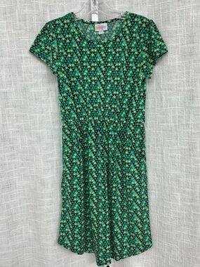 Girls LuLaRoe Mae Green & Blue Geometric Fit-and-Flare Dress